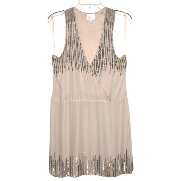 Parker 100% Silk Sleeveless Gold Sequin Fully Lined Mini Dress Nude L - Picture 2 of 15